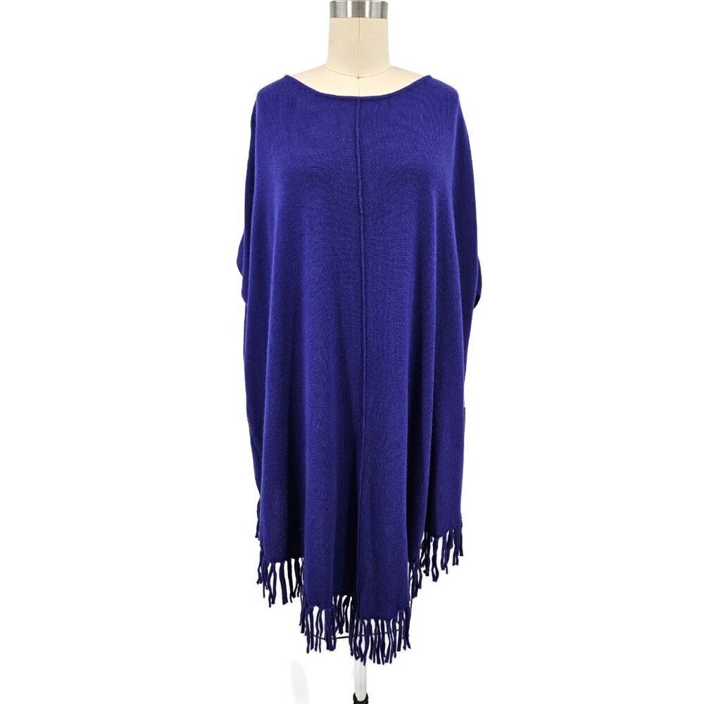 New White + Warren Fringe Trim Poncho Womens XL Sapphire Blue Cashmere Silk